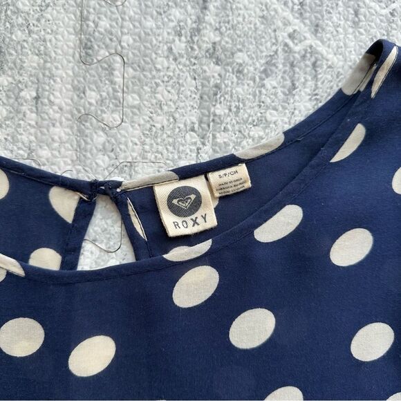 Roxy Sun Empire Navy Classic Polka Dot Babydoll Mini Dress Size S Balloon Sleeve - Picture 3 of 16
